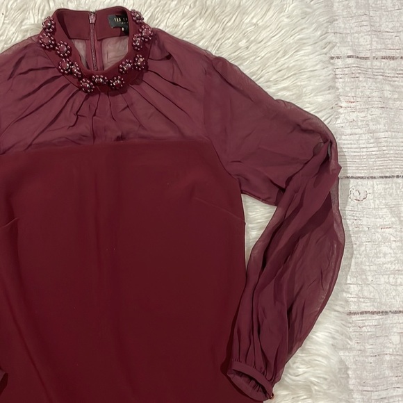 Ted Baker Cacey Embellished Neck Sheer Long Sleeve Maroon Sheath Dress - Picture 8 of 11
